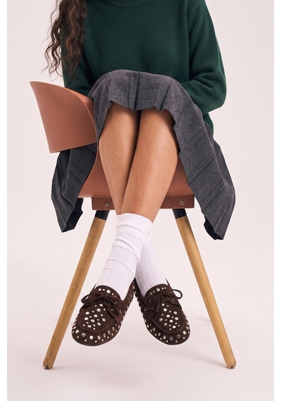 Luvi Shoes Hyde Kahverengi Süet Hakiki Deri Troklu Bağcıklı Kadın Loafer Ayakkabı