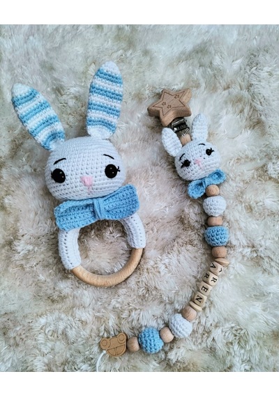 Amigurumi Erkek Bebek Tavşan Çıngırak Ve İsimli Emzik Zinciri Çok Renkli