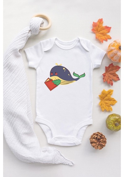 Tuğba Baby Sevimli Balina Baskılı %100 Pamuklu Beyaz Çıtçıtlı Bebek Body Zıbın Bebek Badi Beyaz