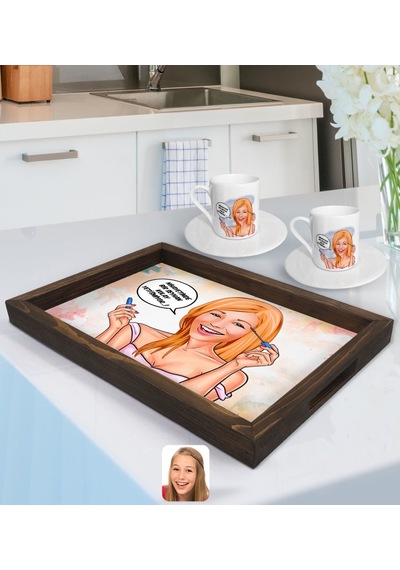 Kişiye Özel Kadın Nihayetinde Karikatürlü Doğal Ahşap Tepsi Ve 2 Li Kahve Fincan Seti-7