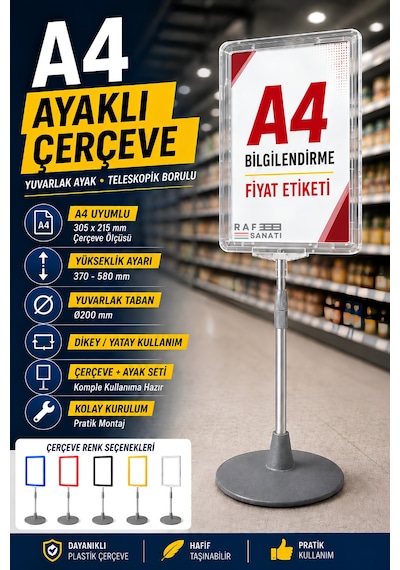 A4 Ayaklı Çerçeve Seti Yuvarlak Tabanlı Teleskopik Fiyat Etiketi Standı Şeffaf