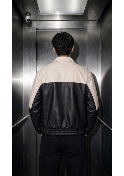Oksit Club Ltd Nakış Detaylı Vintage Colorblock Gömlek Yaka Deri Bomber Ceket Siyah