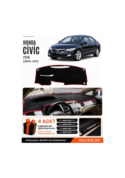 Honda Cıvıc Fd6 2005-2011 Uyumlu Torpido Örtüsü, Torpido Kılıfı - Siyah Kırmızı