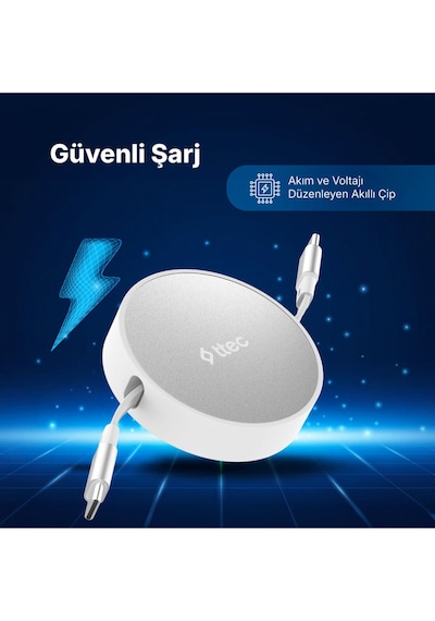 Ttec USB-C - USB-C Mini Makaralı 100W PD/QC 120 CM Hızlı Şarj Kablosu Beyaz