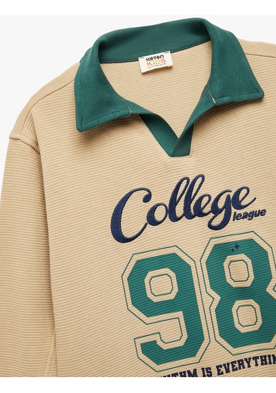 Koton Pamuklu Uzun Kollu Kolej Nakışlı Polo Yaka Sweatshirt Bej 6wkb10151tk Ekru