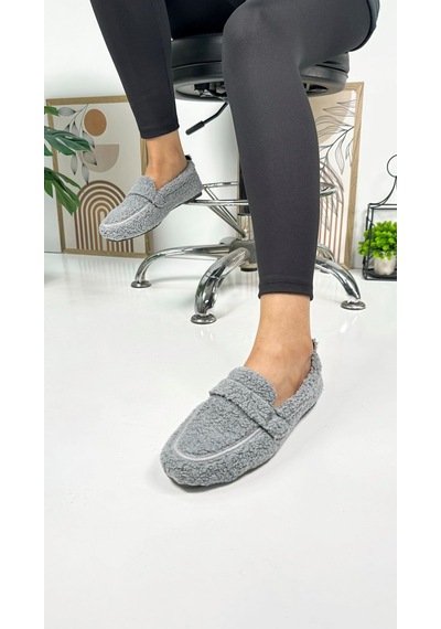 Günlük Kadın Loafer Peluş Astarlı Oval Burunlu Alçak Desenli Tabanlı Ayakkabı 375 Gri