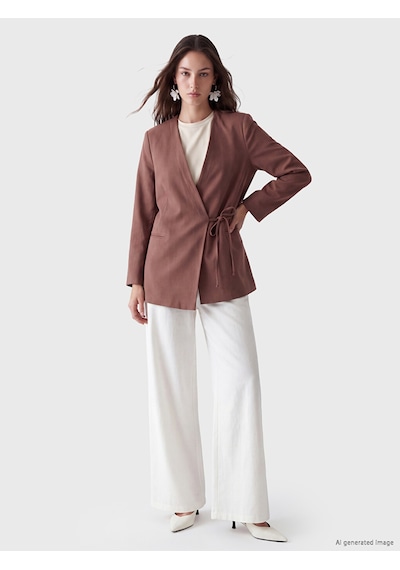Lcw Modest Kahverengi Kruvaze Yaka Bağlamalı Oversize Kadın Blazer Ceket