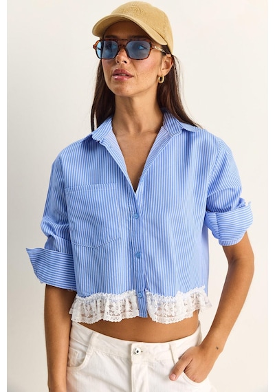 Shade Kadın Dantel Detaylı Çizgili Poplin Crop Gömlek Dg261023 60286099 - Mavi