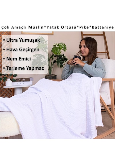Püskül Battal Boy Çift Kişilik Müslin Yatak Örtüsü Ve Pike, 4-katlı, Lüks Genel