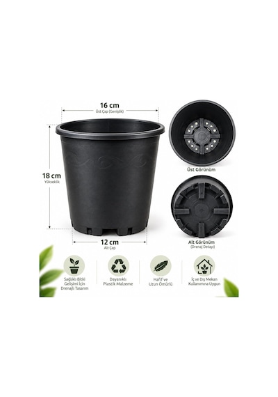 3l Üretim Saksısı Ø16 Siyah Plastik Saksı Fidan, Çiçek, Yetiştirme Kabı