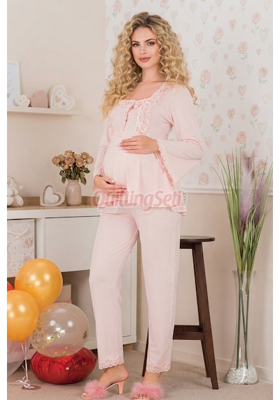 Quilling Bebe Pembe Renkli Dantel Detaylı, 33205 Uzun Kol, 2 Parça Lohusa Hamile Pijama Takımı Açık Pembe