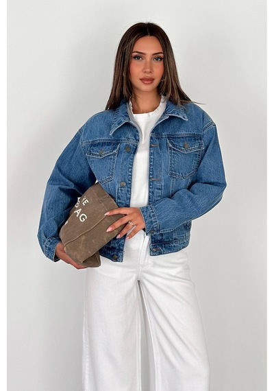 Kadın Açık Mavi Yıkamalı Oversize Beli Lastikli Düğmeli Kot Ceket 2 Beden Küçük Alın Lara-5011