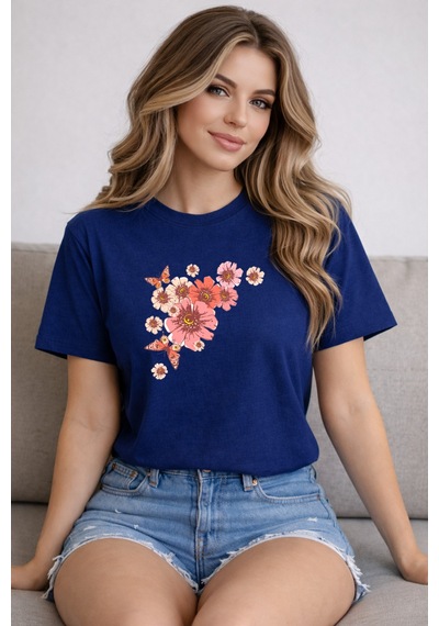 Herkesemoda Pembe Çiçekler Baskı Detaylı Basic T-shirt Lacivert
