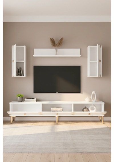 Tvr1897bg - Alfa Tvr180 Tv Ünitesi Takım , Tv Sehpası Beyaz - Gold 180cm
