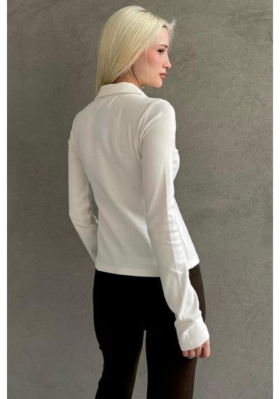 Beyaz Polo Yaka Çift Fermuarlı Slim Fit Kadın Body Mg2652 Beyaz