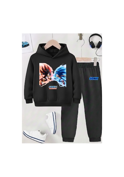 Stil-x Sonıc Baskılı Çocuk Eşofman Takımı, Şardonlu Soft Kumaş, Unısex Siyah-6