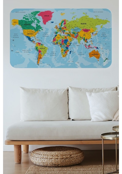 Türkçe Eğitici Ülke Ve Başkent Okyanus Detaylı Atlası Dünya Haritası Duvar Sticker -85x130-3870 Çok Renkli