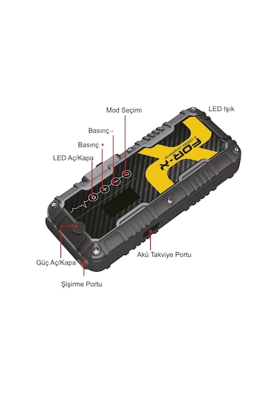 For-x Taşınabilir Şarjlı Jump Starter - For-x X-12000a Akü Takviyesi + Lastik Şişirici + Powerbank +