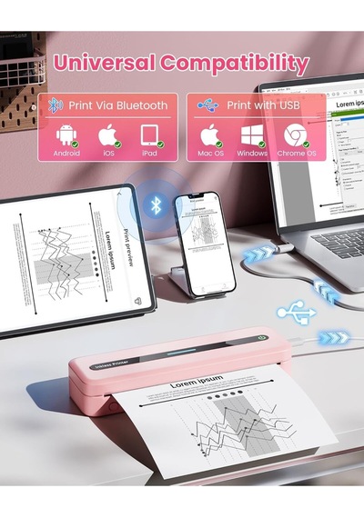 Itari M832 Taşınabilir Yazıcı, Kablosuz, 300 Dpı, Çeşitli Kağıt Boyutları Lazer Yazıcılar Pembe