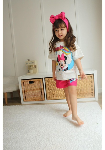 Miniko Kids Kız Çocuk Mickey Modelli Pamuk Şortlu Takım Krem