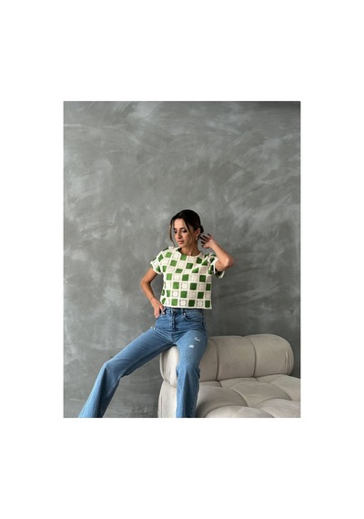 Verymoda Kısa Kollu Dama Desen Tiğişi Bluz D2619 Ham Zümrüt