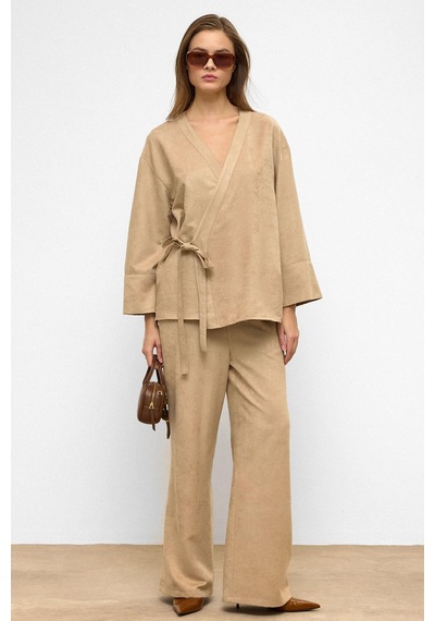 Olcay Önü Bağlamalı Süet Görünümlü Kimono İkili Takım Taş 9366-tk