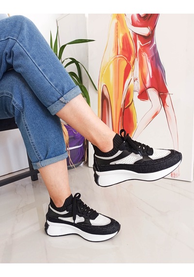 Gdt Ayakkabı Siyah Renk Kot Triko Malzeme Bağcıklı Kadın Sneakers
