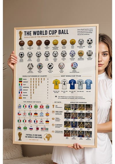 World Cup History Dünya Kupası Tarihi İnfografik Lüks Çerçeveli Tasarım Futbol Duvar Dekoru Kayın