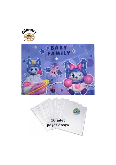 A4 Boy Çıt Çıt Ödev Dosyası +10' Lu Poşet Dosya Baby Family Mor Çok Renkli