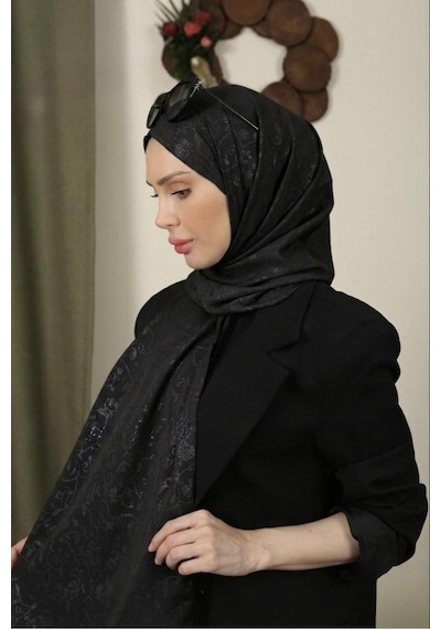 Flora Tekstil Çiçekli Desen İnce Medine İpeği Jakar Şal Siyah