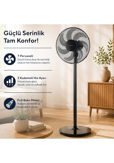 Kumtel Ktf-760 Siyah 16 İnç Ayaklı Vantilatör 50 W,7 Pervaneli,3 Kademeli, 130 Cm Yükseklik