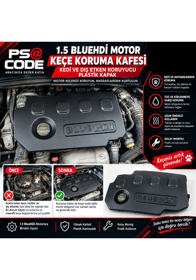 1.5 Bluehdi Motor Keçe Koruma Kafesi Kedi Ve Dış Etken Koruyucu Plastik Kapak Peugeot, Citroën, Opel, Ds Uyumlu -