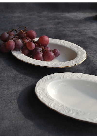2'li Gold Yaldızlı Porselen Kayık Tabak 12x19 Cm Sunum Tabağı Orta Boy Beyaz
