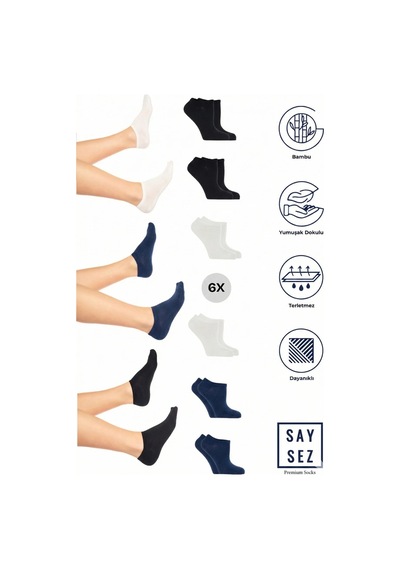 Saysez Bambu Kadın Sneaker Siyah-beyaz-laci. Çorap Dikişsiz Görünmez Bilekte Spor Çorap Premium 6'lı Paket Lacivert