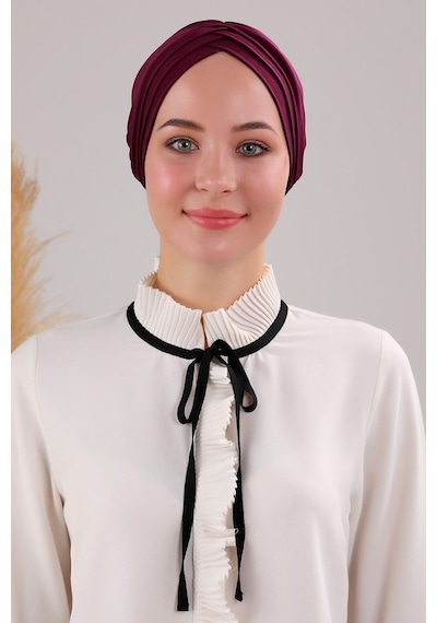 Melodi Scarf Kadın Üç Bantlı Çapraz Hazır Türban Dış Bone Mürdüm Mürdüm