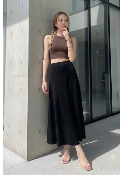 Unika Boutique Renkli Cizgi Desenli Uzun Bürümcük Kloş Etek siyah
