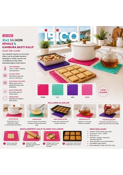 İbico İ22-084 17x17cm 2in1 Kare Silikon Nihale Kambura Bastı Kalıp - 12'li Paket Diğer