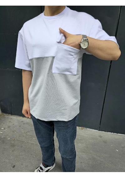 Unisex Torba Cep Detaylı Parçalı T-shirt - Gri Gri