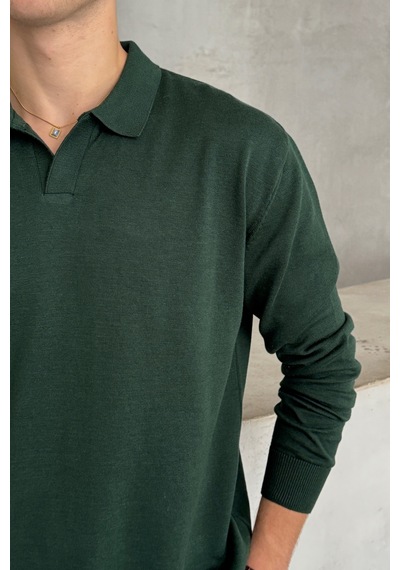 Erkek Pamuklu Polo Yaka Oversize Triko Kazak Yeşil