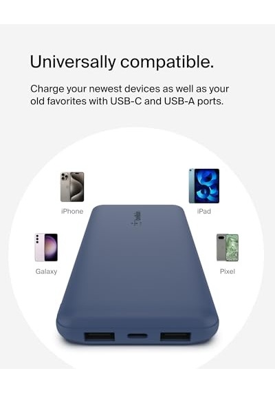 10000 Mah Powerbank, 15w Usb-c & 12w 2xusb-a Girişli, Kompakt Dizayn, Kablo Dahil, Mavi