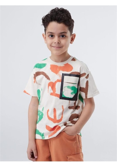 Escabel Erkek Çocuk Pamuklu Batik Desenli Yarım Kol Tshirt-12831-bej Bej