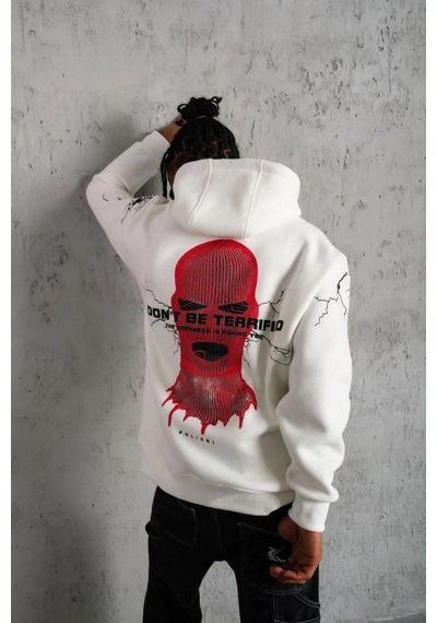 Erkek 3 İplik Pamuklu Kapüşonlu Baskılı Cepli Oversize Sweatshirt Hoodie - Beyaz