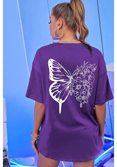 Flood Of Style Unisex Drawing Butterflies Tasarım T-shirt Mor