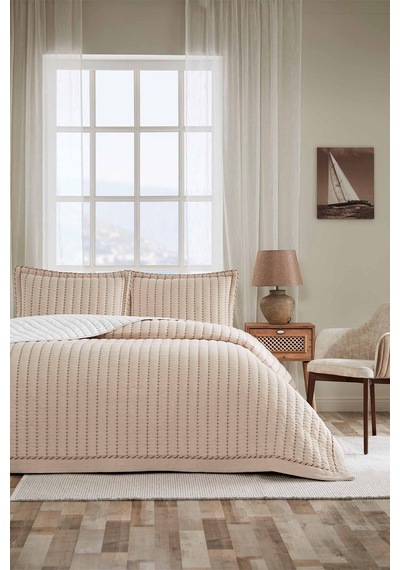 Line Nakışlı Çift Kişilik Yatak Örtüsü 240x250 Cm Bej