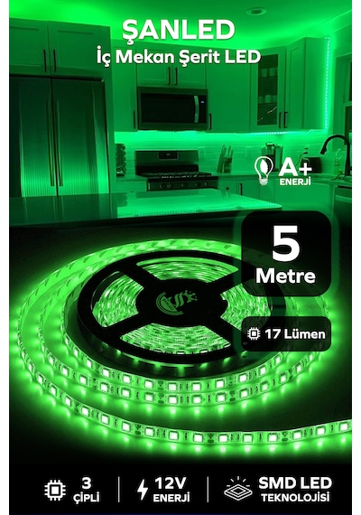3 Çipli Şerit Led Yeşil Renk 12v 5 Metre