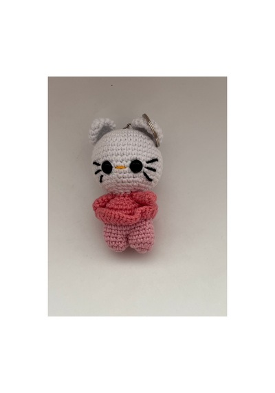 Örgü Amigurumi Kedi Figürlü Anahtarlık Pembe Pembe