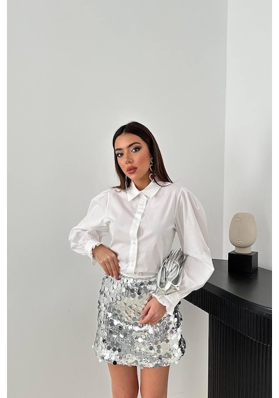 Alemdarshop Gümüş Pullu Kısa Etek