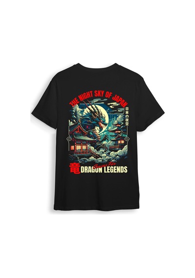 Japon Samuray Streetwear Dragon Ejder Baskılı Şık Tasarımlı %100 Pamuk Regular Fit Siyah T-shirt Siyah