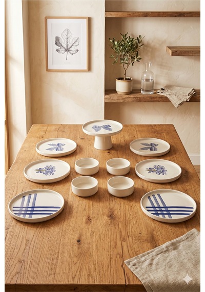 Blue Gift 6 Kişilik 11 Parça Seramik Kahvaltı Takımı Mavi Desenli Modern Sunum & Pasta Tabağı Seti Beyaz