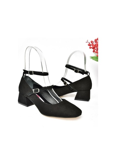 Fox Shoes R654037202 Siyah Süet Kalın Topuklu Kadın Ayakkabı Siyah